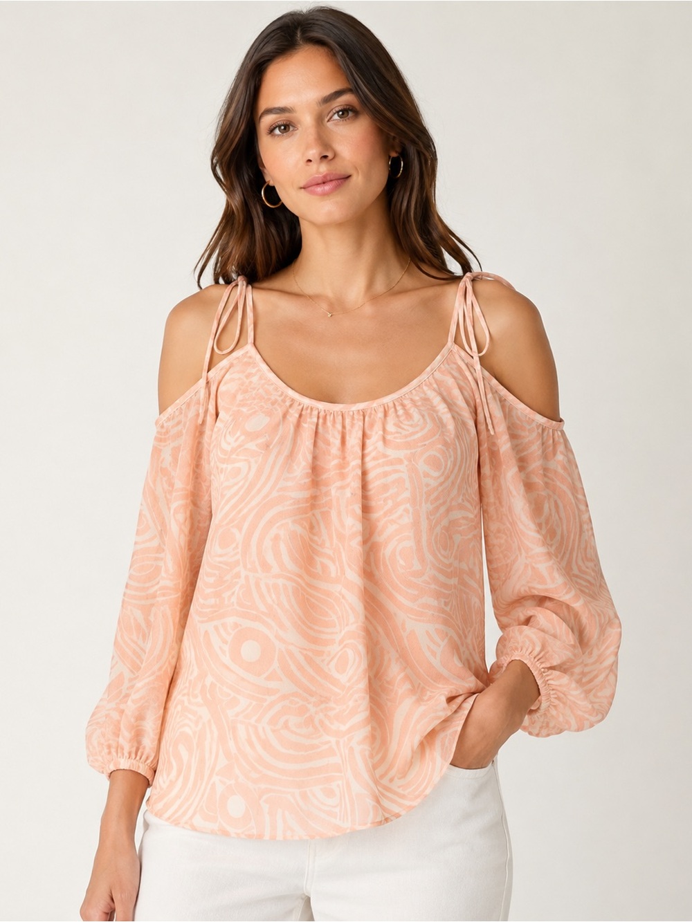 aerie Peach Swirl Cold-Shoulder Tie-Shoulder Blouse